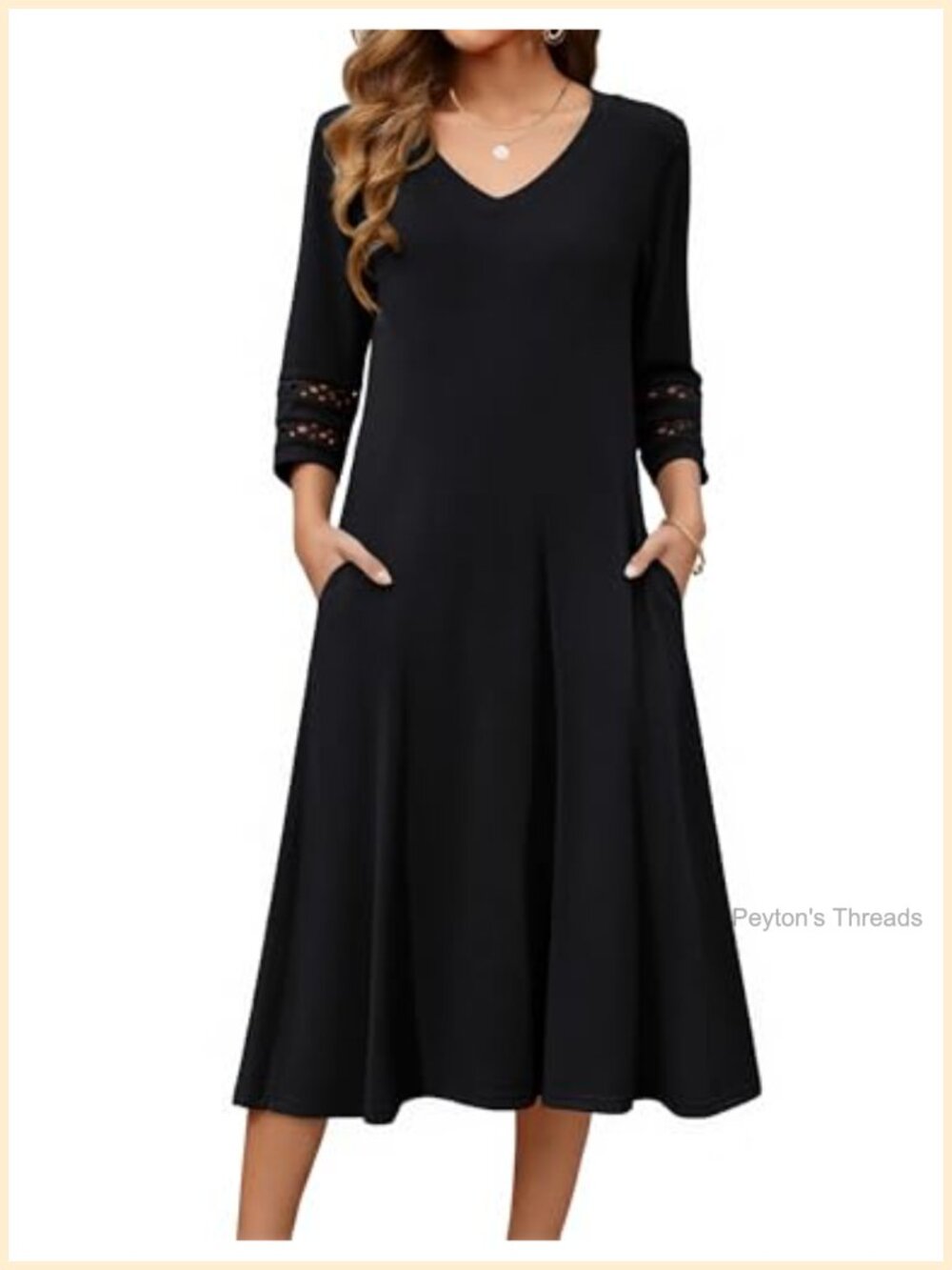 Zeagoo Women's 3/4 Sleeve V-Neck A-Line Midi Dress with Pockets